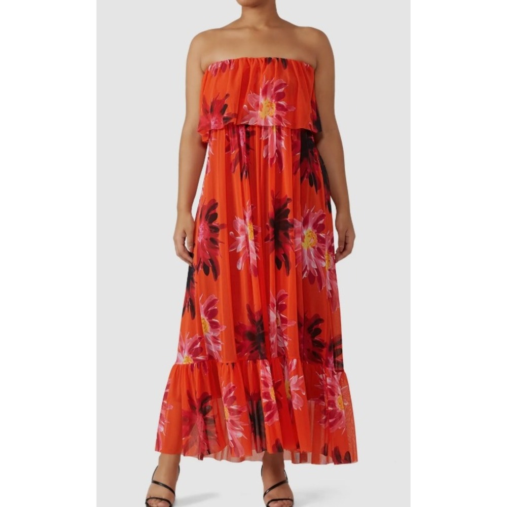 FUZZI Floral Tulle Boho Chic Resort Mesh Maxi Dress Women XL Orange Strapless